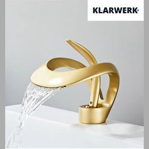 NAVIS | Rubinetto da bagno a cascata di design oro opaco | Elegante in acciaio inossidabile premium per lavelli | Miscelatore hotel 2 attacchi
