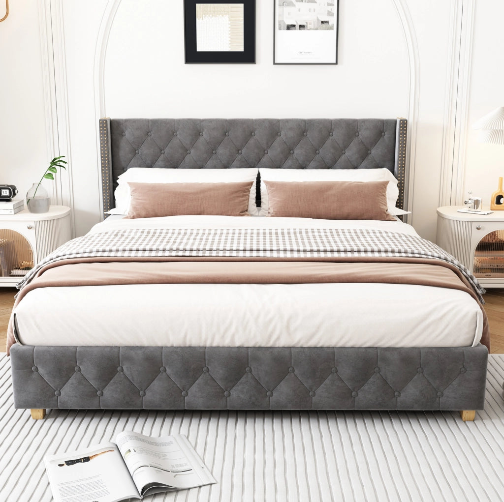 Letto imbottito 160x200 cm con testiera e rete a doghe; velluto grigio
