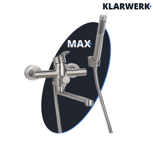 MAX| Miscelatore Catering a parete Argento | Rubinetto cucina professionale in acciaio inox con doccetta | Beccuccio piatto da parete per ristorante