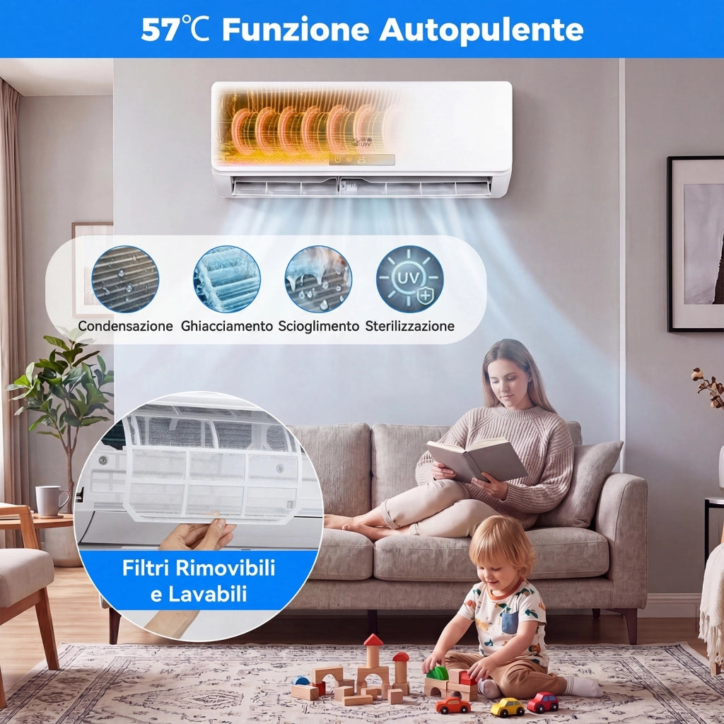 Condizionatore Inverter Monosplit, Climatizzatore 9000 Btu, R32, A++, Silenzionso 19 dB, A++, Raffrescamento, Riscaldamento, Deumidificazione, Ventola, Timer, WiFi, Telecomando, Autopulizi
