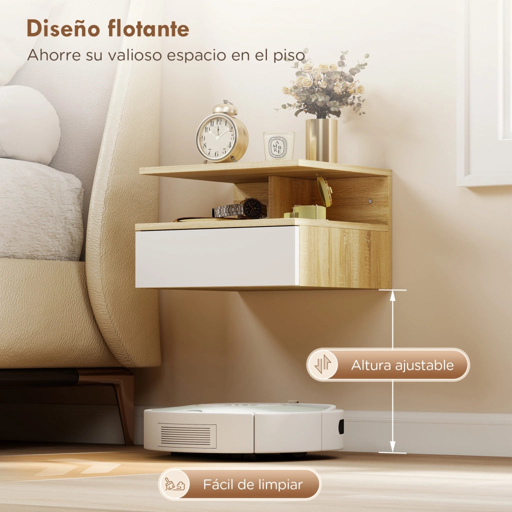 Comodino a sospensione con cassetto ¨C zephmum ¨C rovere e bianco 35x32x22,5