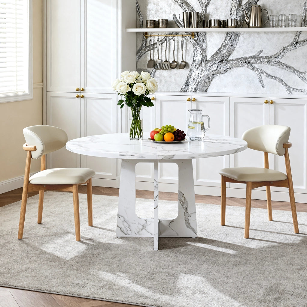 Set tavolo rotondo da pranzo 120 cm in MDF effetto marmo bianco con 2 sedie