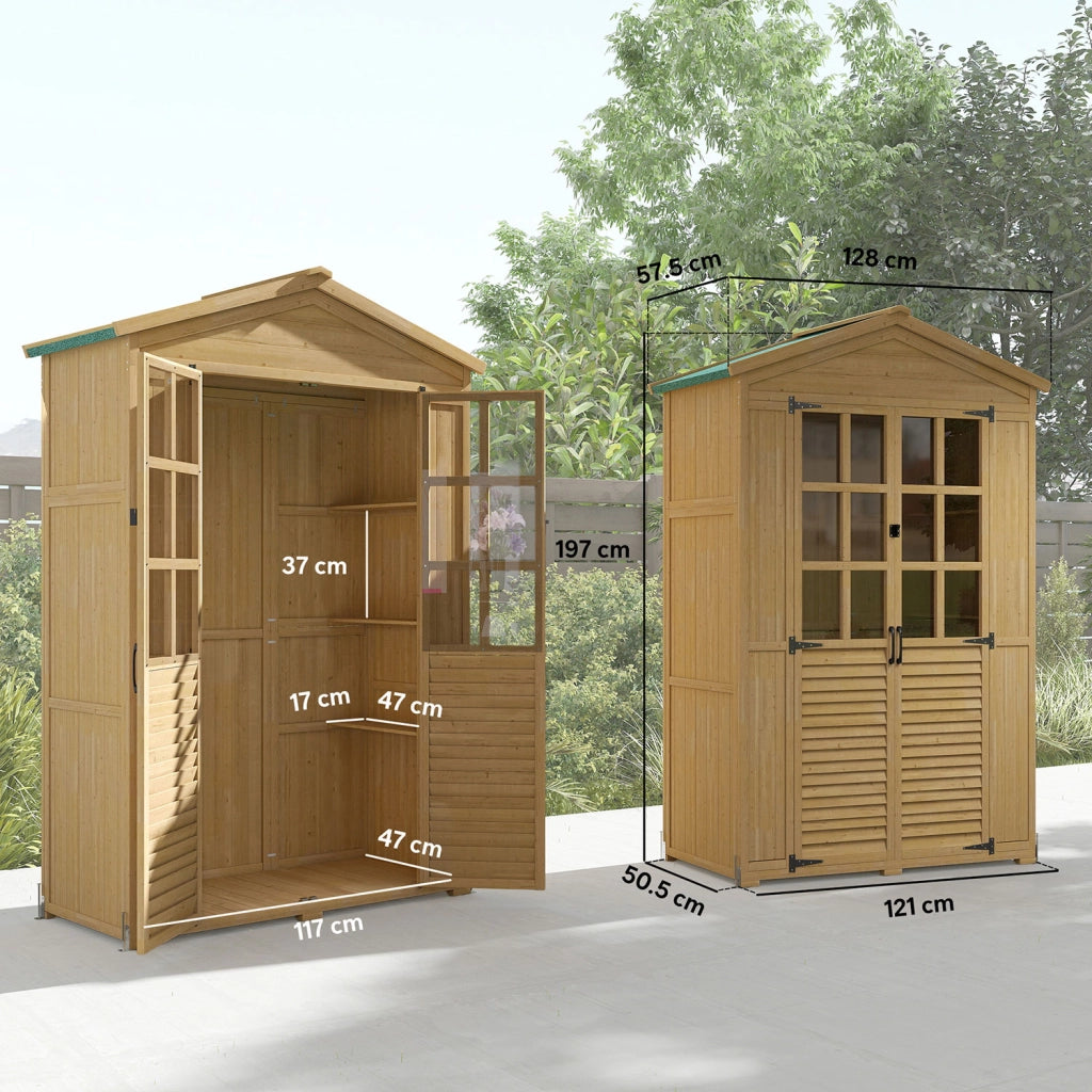 Armadio da Giardino Box Porta Attrezzi 128x57,5x197 cm con Finestre Trasparenti in Legno Marrone Chiaro