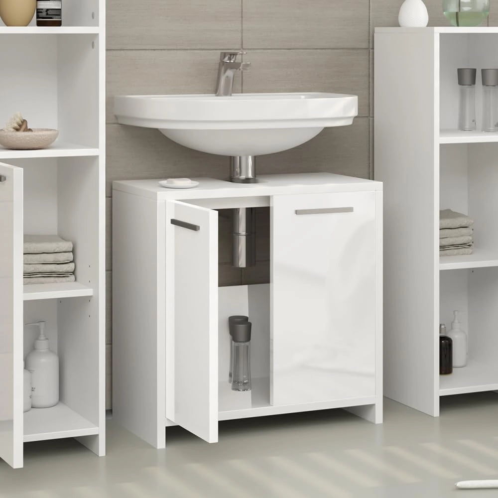 Mobile sottolavabo per bagno Kiko, Bianco lucido/bianco, 58 x 60 cm, con ritaglio per sifone e spazio di stoccaggio per l’organizzazione del bagno