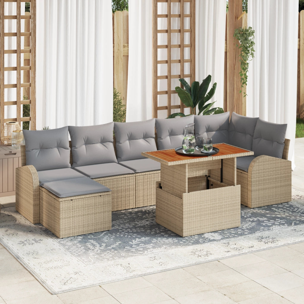 Set da Pranzo da Giardino 8 Pezzi con Cuscini Beige Polyrattan Acacia