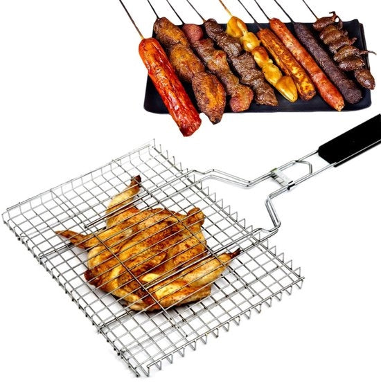 Accessori per BBQ - Maniglia in Acciaio Inossidabile - Resistente al Calore - Supporto in Legno - Accessori per Griglia - Portatile Outdoor - Superficie di Cottura Estesa - Facile da Pulire - Barbecuista Portatile