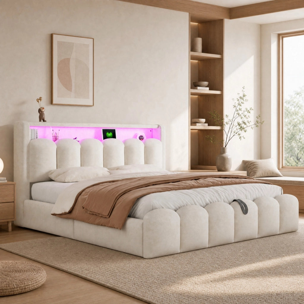 Letto matrimoniale imbottito 180x200 cm in velluto beige con LED; USB e contenitore idraulico