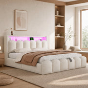 Letto matrimoniale imbottito 180x200 cm in velluto beige con LED; USB e contenitore idraulico