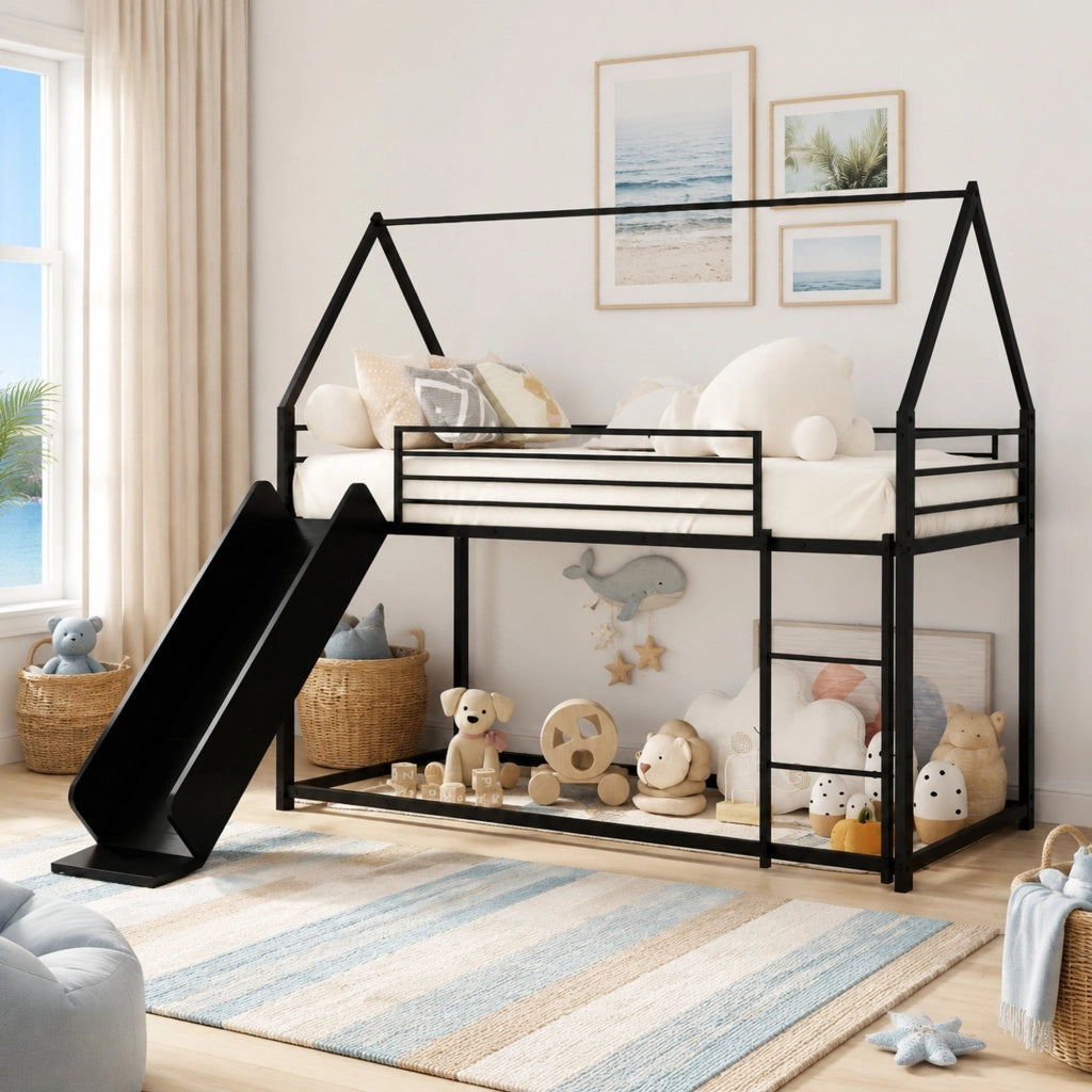 Letto a castello per bambini 194 × 185 × 176.5 cm con scivolo e scale in metallo nero