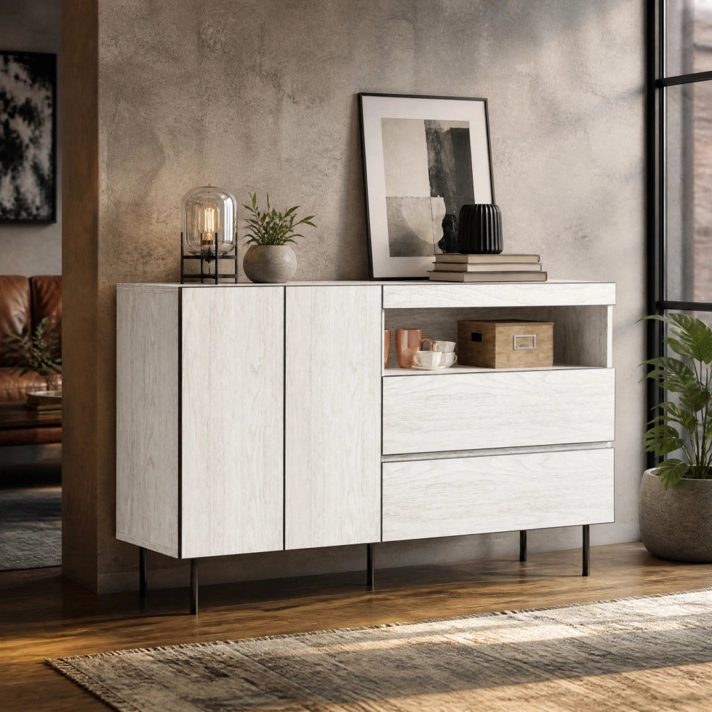 Sideboard bianco minimalista 140x42x77 cm con ripiani aperti