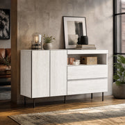 Sideboard bianco minimalista 140x42x77 cm con ripiani aperti