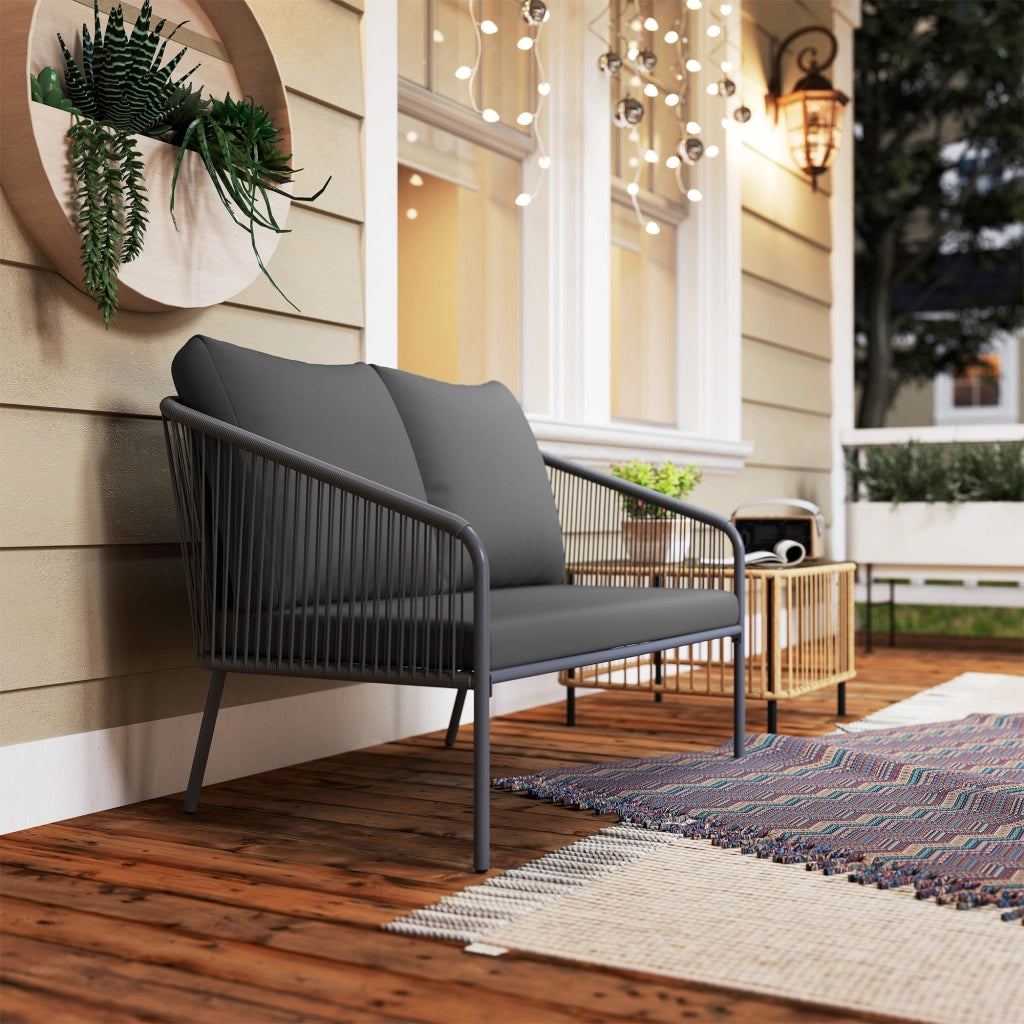 Divanooo da giardino in rattan a 2 posti: cuscini inclusi; per balcone/terrazza; 112x72x76 cm; grigio