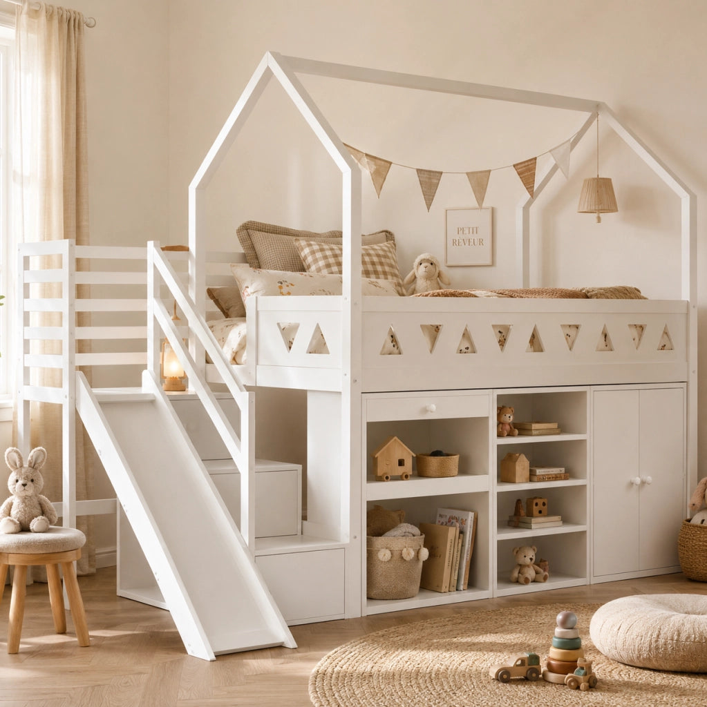 Letto singolo ULEVR 90x200 cm per bambini con scivolo, scale, cassetti e mobile contenitore, bianco