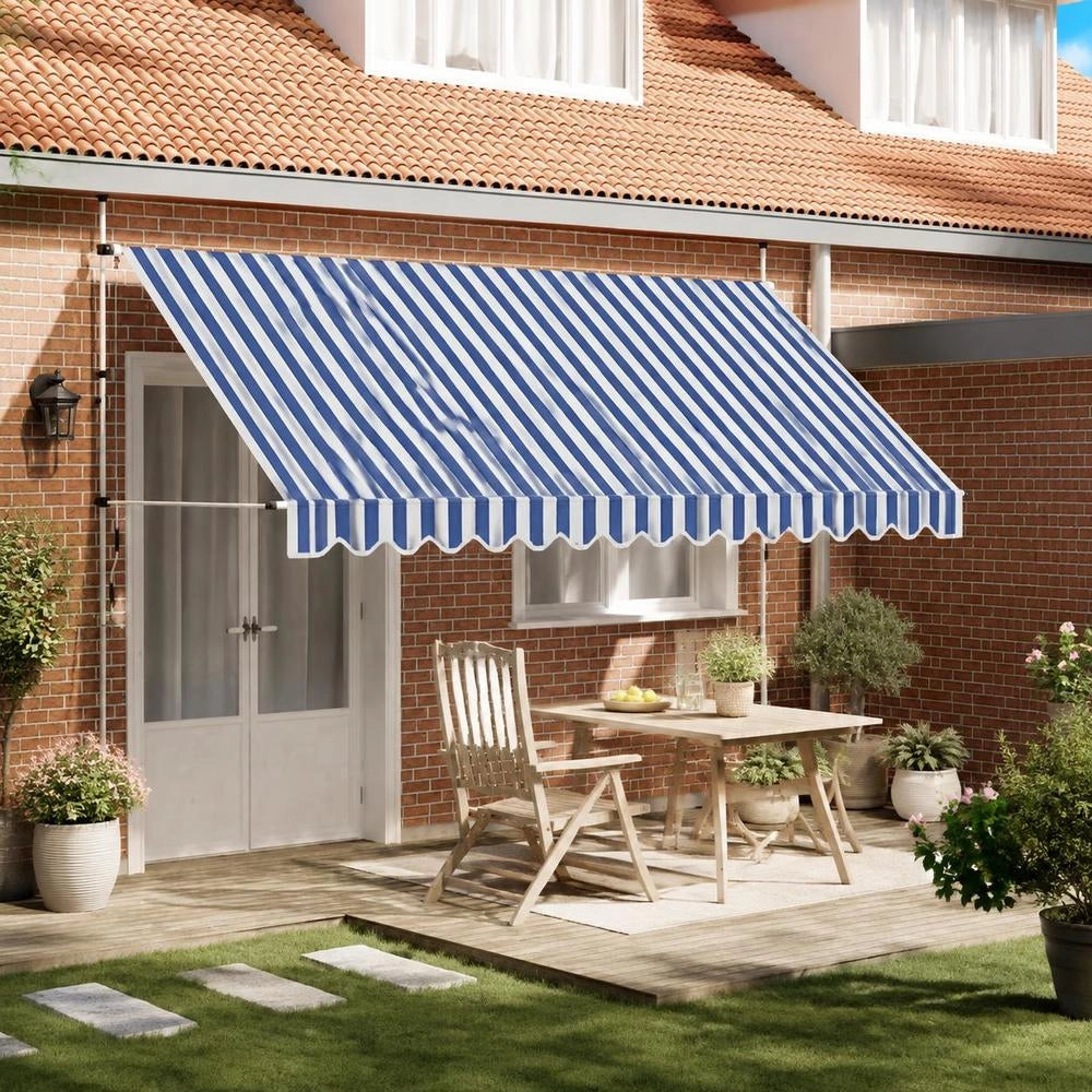 Retractable Awning, Manually Operated, 400 Cm, Blue/white Striped