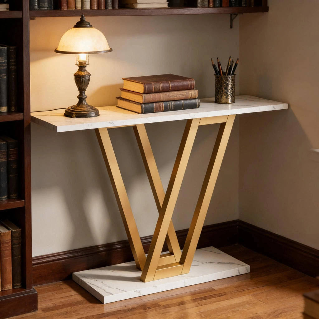 Consolle elegante e minimalista in metallo e legno oro e bianco per ingresso e soggiorno 110 × 30 × 80 cm