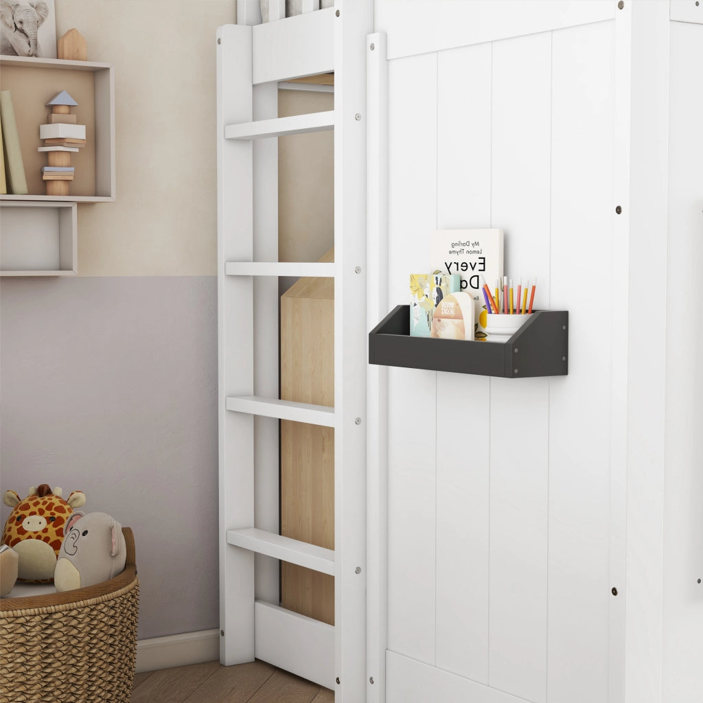 OKWISH Letto a castello 90×200 cm, Letto Singolo con Scala, Sponde di Sicurezza e Mensola, senza Materasso, Legno e MDF, Bianco