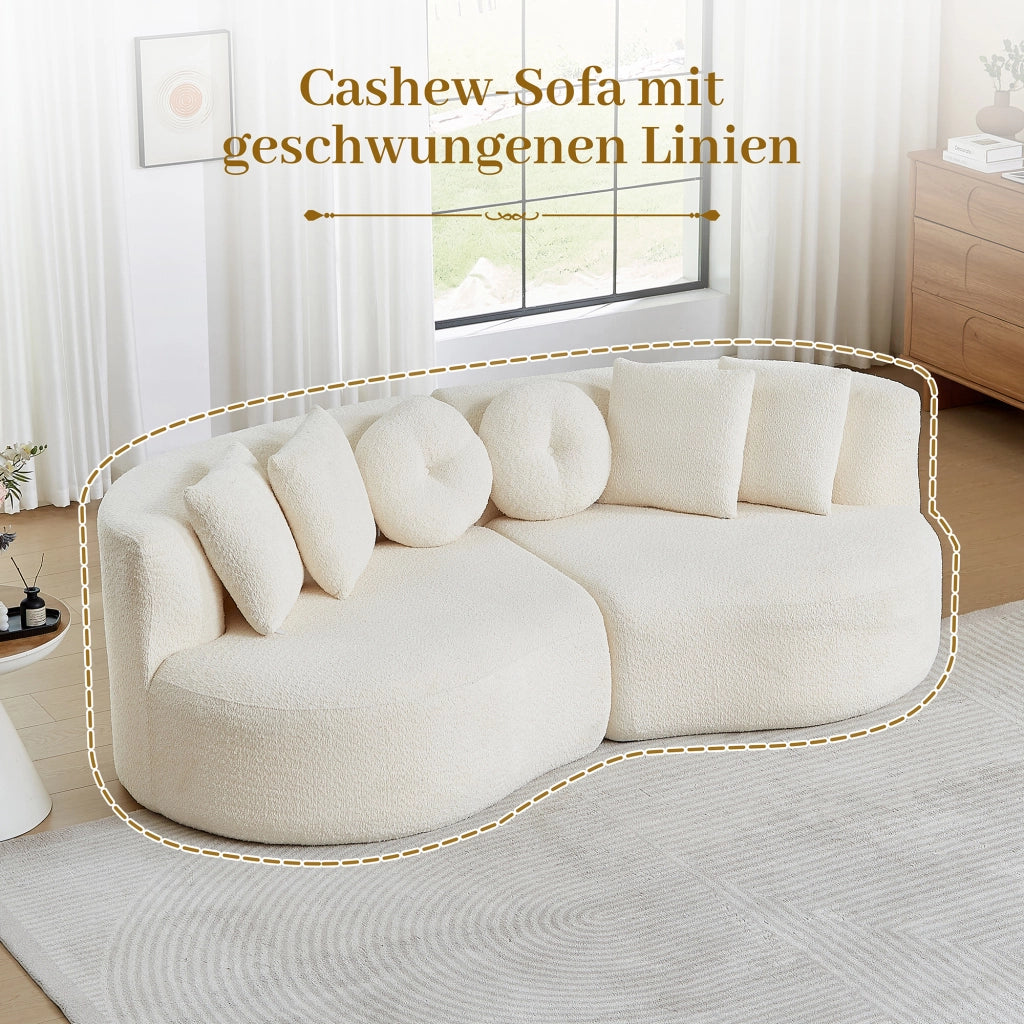 Divano modulare in chenille con schienale continuo e 6 cuscini forma curva a due moduli beige per soggiorno e sala giochi