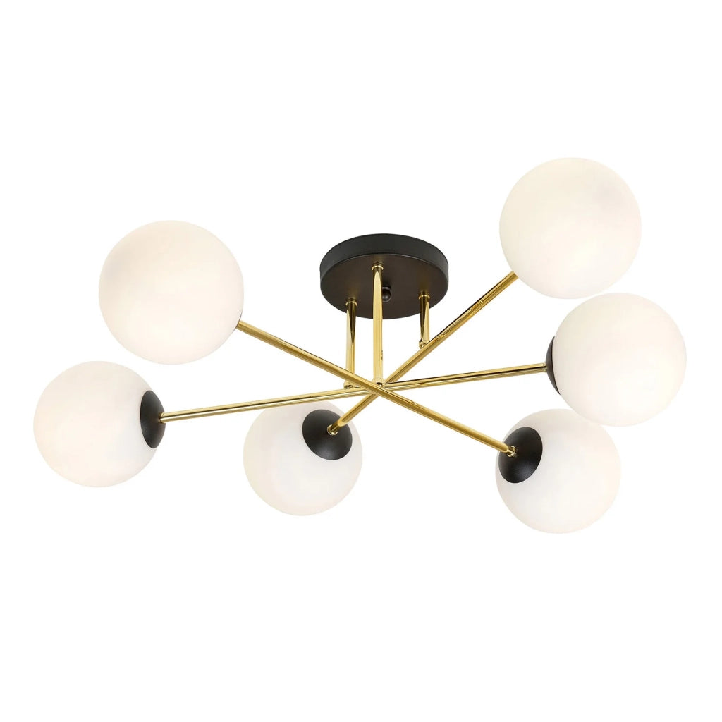 Plafoniera Moderna Magnium 6 Luci In Acciao Nero Oro E Sfere In Vetro Bianco
