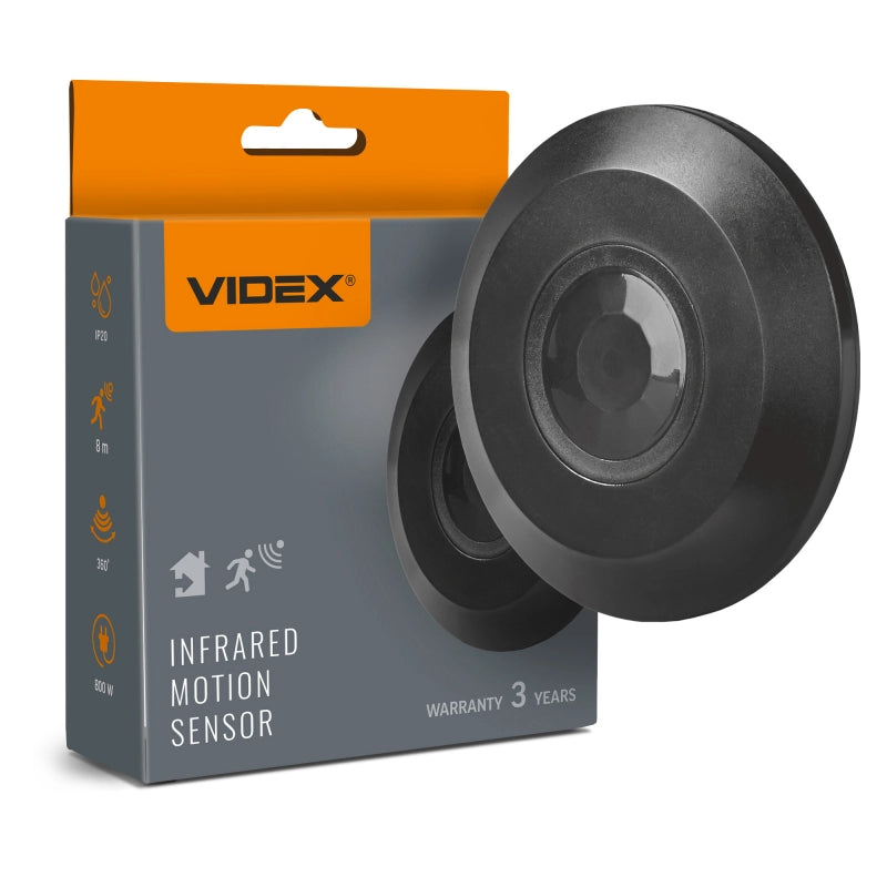 Sensore movimento crepuscolare PIR nero tondo Videx