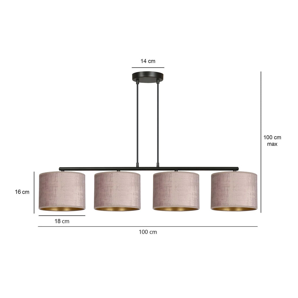 Lampadario 4 Luci Ganesha In Acciaio Nero E Paralumi In Tessuto Rosa