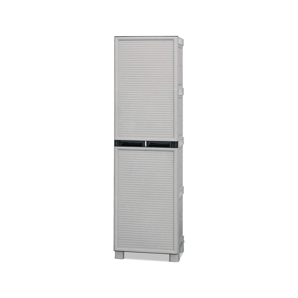 Armadio multiuso da esterno o Allain, Mobile a 1 anta e 3 ripiani in polipropilene, 100% Made in Italy, cm 50x39h172, colore Grigio chiaro