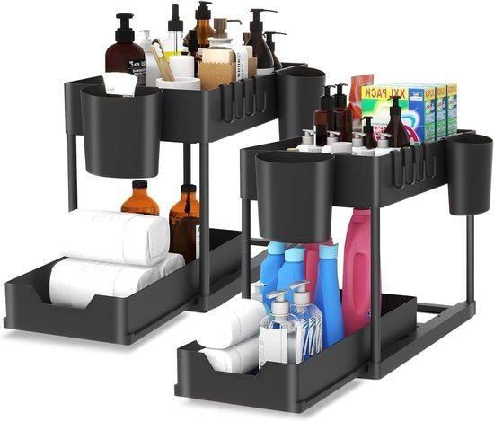 Sottoscala a 2 piani, armadio cucina, organizzatore con 4 ganci e 2 ciotole per spezie, organizzatore multifunzionale per cucina