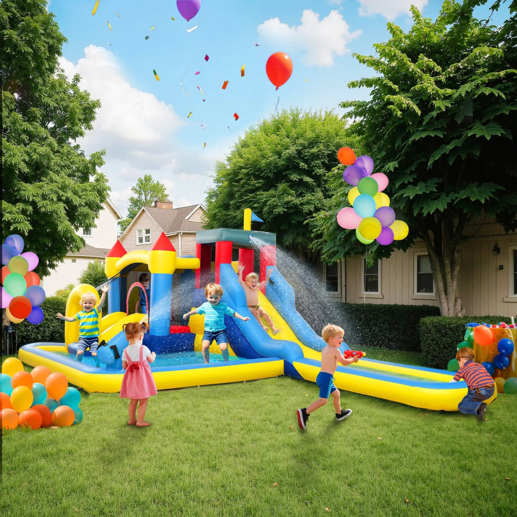 Castello gonfiabile per parco acquatico con scivoli, trampolino, parete arrampicata, cannone e canestro ¨C zephmum ¨C Colore variabile, Materiale PVC, Dimensioni variabili