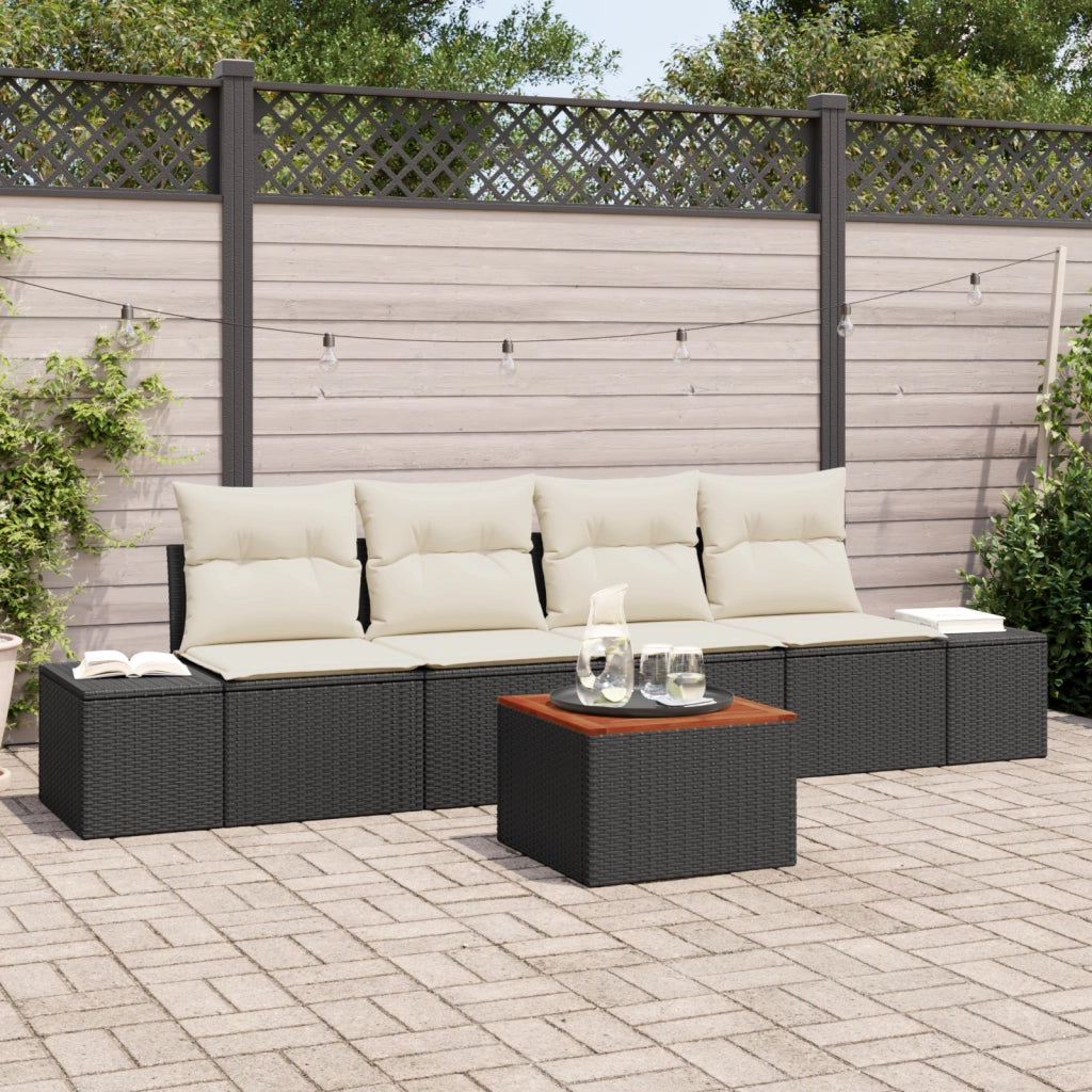Set di Divani da Giardino a 5 Pezzi con Cuscini Nero Polyrattan Acacia