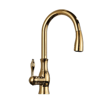 NAVIS | Elegante rubinetto cucina estraibile in acciaio inox dorato, arco alto, miscelatore di lusso, alta pressione, 360°, 2 attacchi