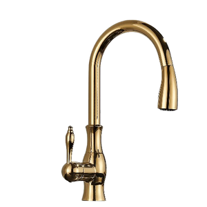 NAVIS | Elegante rubinetto cucina estraibile in acciaio inox dorato, arco alto, miscelatore di lusso, alta pressione, 360°, 2 attacchi