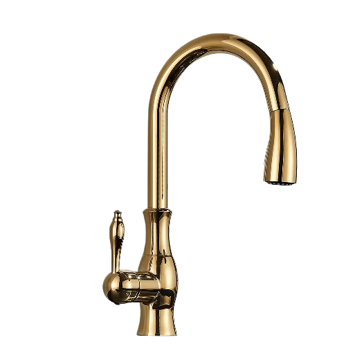 NAVIS | Elegante rubinetto cucina estraibile in acciaio inox dorato, arco alto, miscelatore di lusso, alta pressione, 360°, 2 attacchi