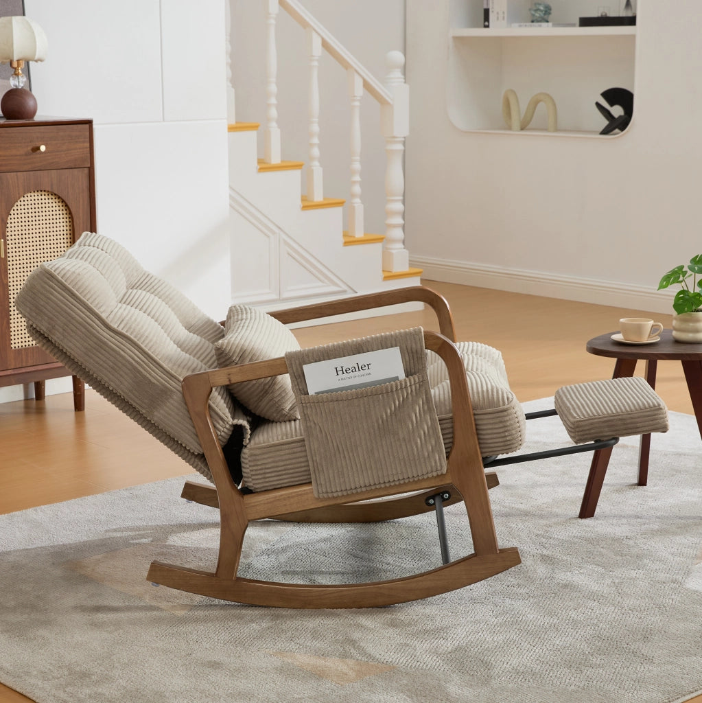 Sedia a dondolo 70x80x92 cm con poggiapiedi; tasca laterale e schienale regolabile in cord khaki