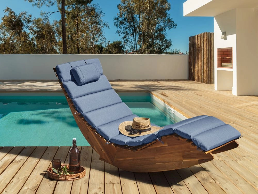 Cuscino per lettino da sole in poliestere blu, resistente ai raggi UV e idrorepellente, con lacci e poggiatesta, imbottitura spessa