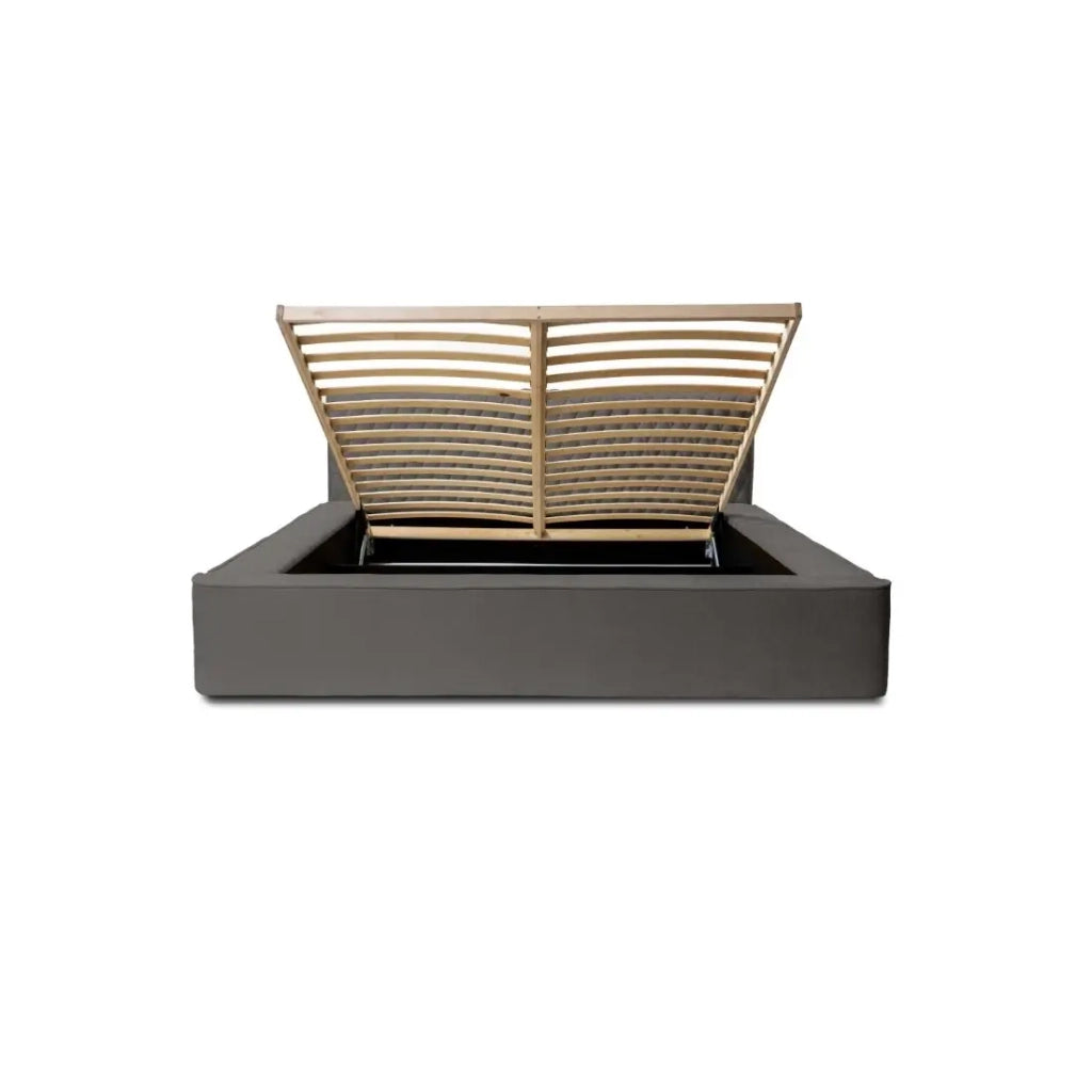 Lit coffre VERNON – Tessuto bouclé di ciniglia Antracite profondo – 140x200 cm – Rete a doghe sollevabile – Design di alta gamma