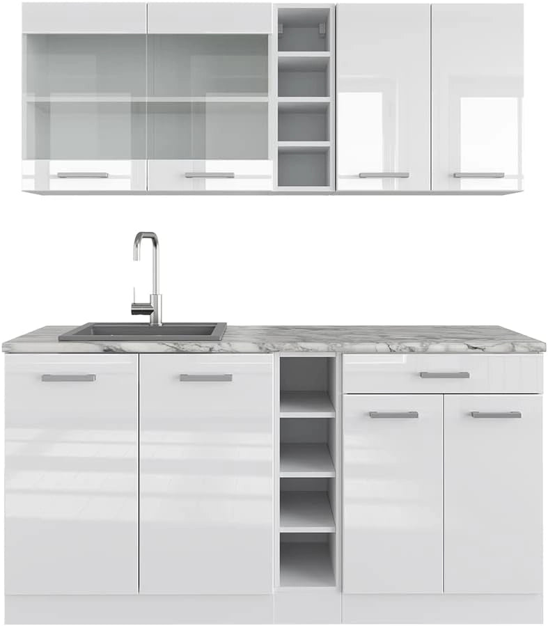 Cucina completa R-Line, Bianco lucido/bianco, 160 cm senza piano di lavoro, con disposizione flessibile dei moduli ed espandibile
