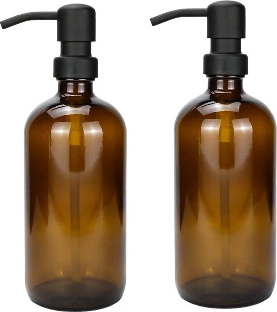 Due pezzi di dispenser di sapone in vetro ambrato, capacità 500 ml, con pompa in acciaio inossidabile nero, per sapone liquido da bagno.