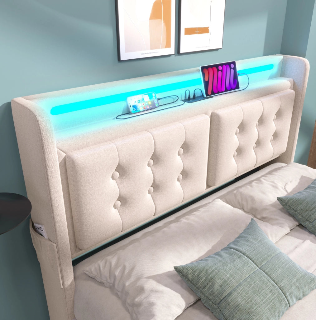 Letto matrimoniale 140x200 cm con contenitore; LED; prese e USB-C; tessuto cotone lino beige