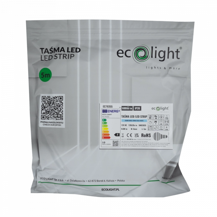 Striscia LED 5m 9,6W/m 600lm 6500K 12V IP20 dimmerabile