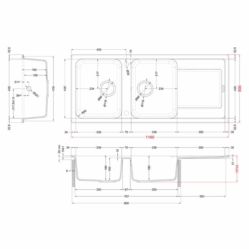 Lavello Elleci Incasso 2 vasche 116x50 Life 500 Granitek Grigio Titanium LM250073