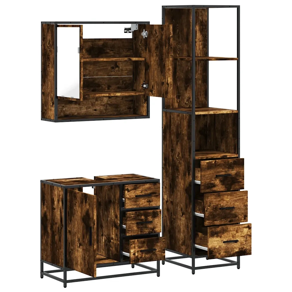 vidaXL Set Mobili da Bagno 3 pz Rovere Fumo in Legno Multistrato