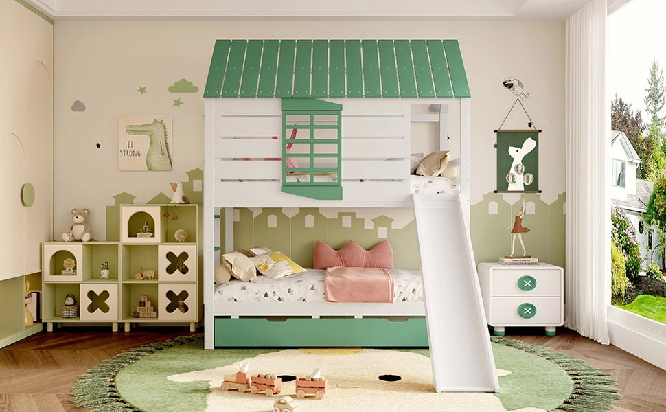 DESMIU Letto a castello casetta 90 × 200 cm 2 posti con scivolo e letto estraibile senza materasso in MDF bianco verde
