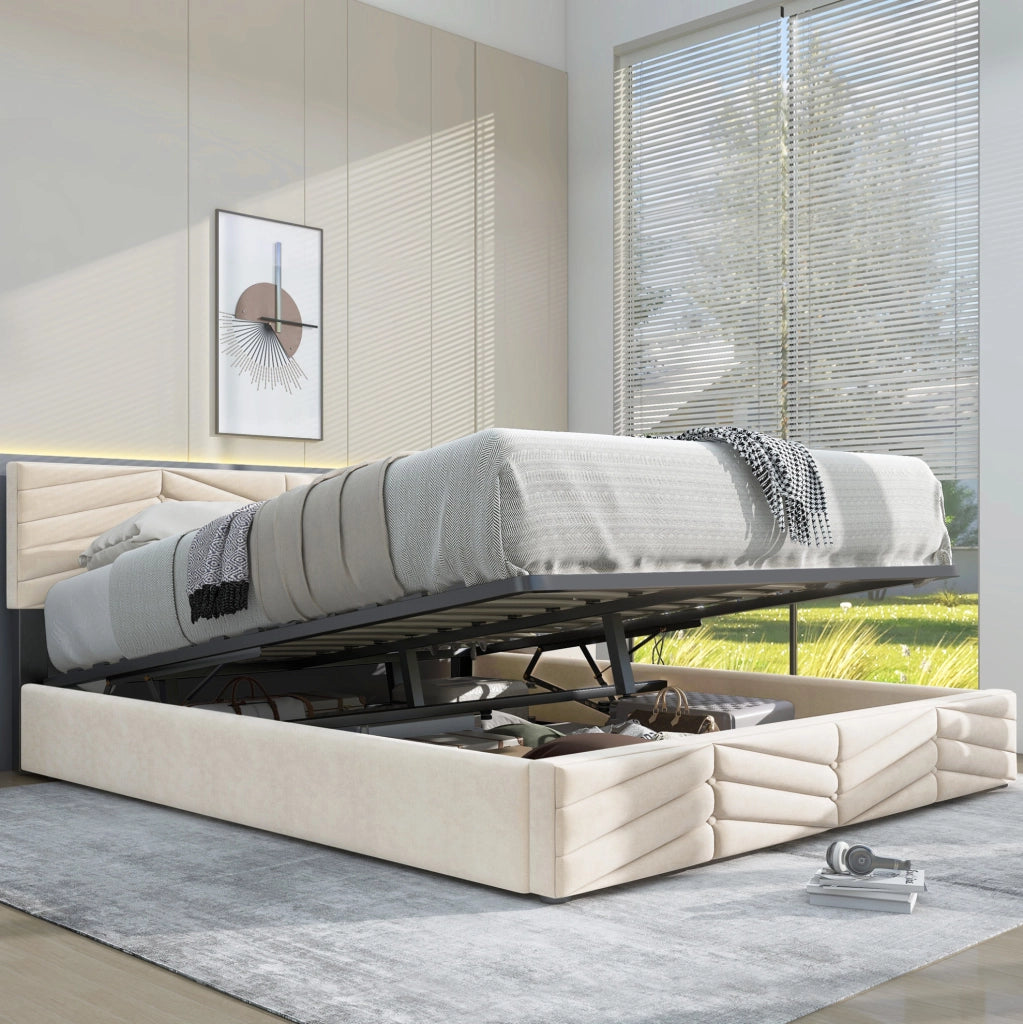 Letto imbottito 140x190 cm in velluto beige con rete a doghe