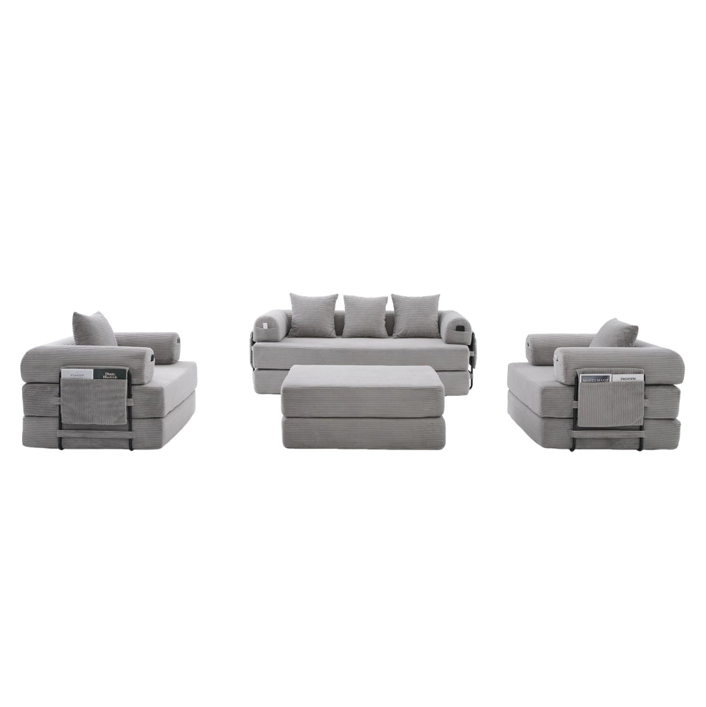 Set divano modulare in velluto a coste grigio chiaro con pouf