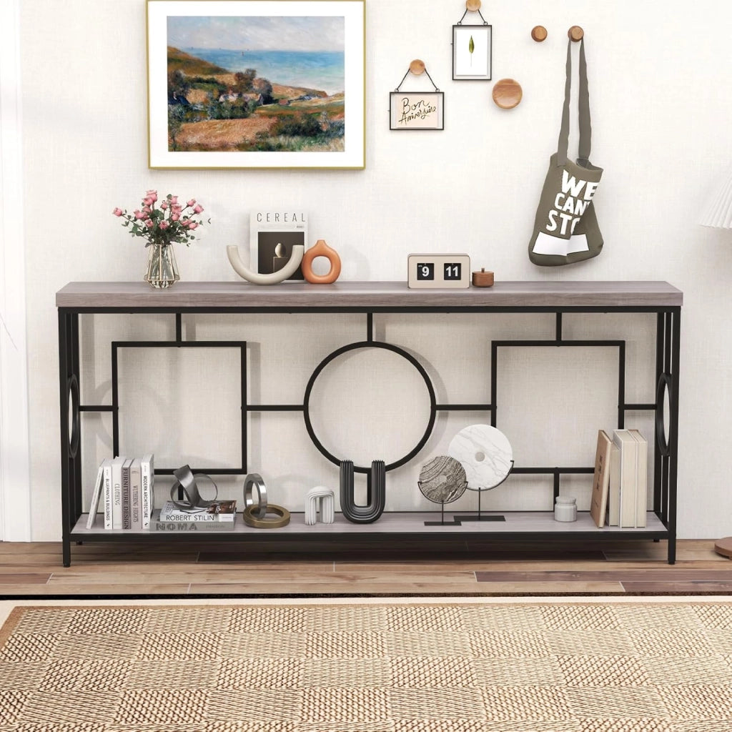 Tavolo Consolle Ingresso a 2 Livelli, Mobile Ingresso con Ripiano di Stoccaggio e Cornice Geometrica, Realizzato Sintetico di Alta Qualità, per Corridoi e Ingressi, Dimensioni 180 x 30 x 80 cm