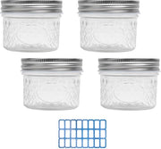 Set di quattro contenitori in vetro con coperchio, 120 ml, con etichette adesive blu, per meal prep, piccoli contenitori per conservazione, contenitori in vetro per yogurt, marmellate, spezie.