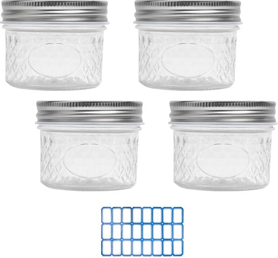 Set di quattro contenitori in vetro con coperchio, 120 ml, con etichette adesive blu, per meal prep, piccoli contenitori per conservazione, contenitori in vetro per yogurt, marmellate, spezie.