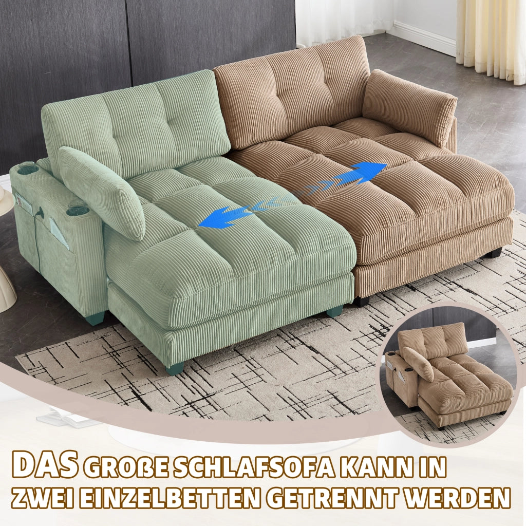 Divano modulare 2 posti in tessuto a coste con portabicchieri, tasche laterali e porte USB, khaki 224 × 140 × 81 cm