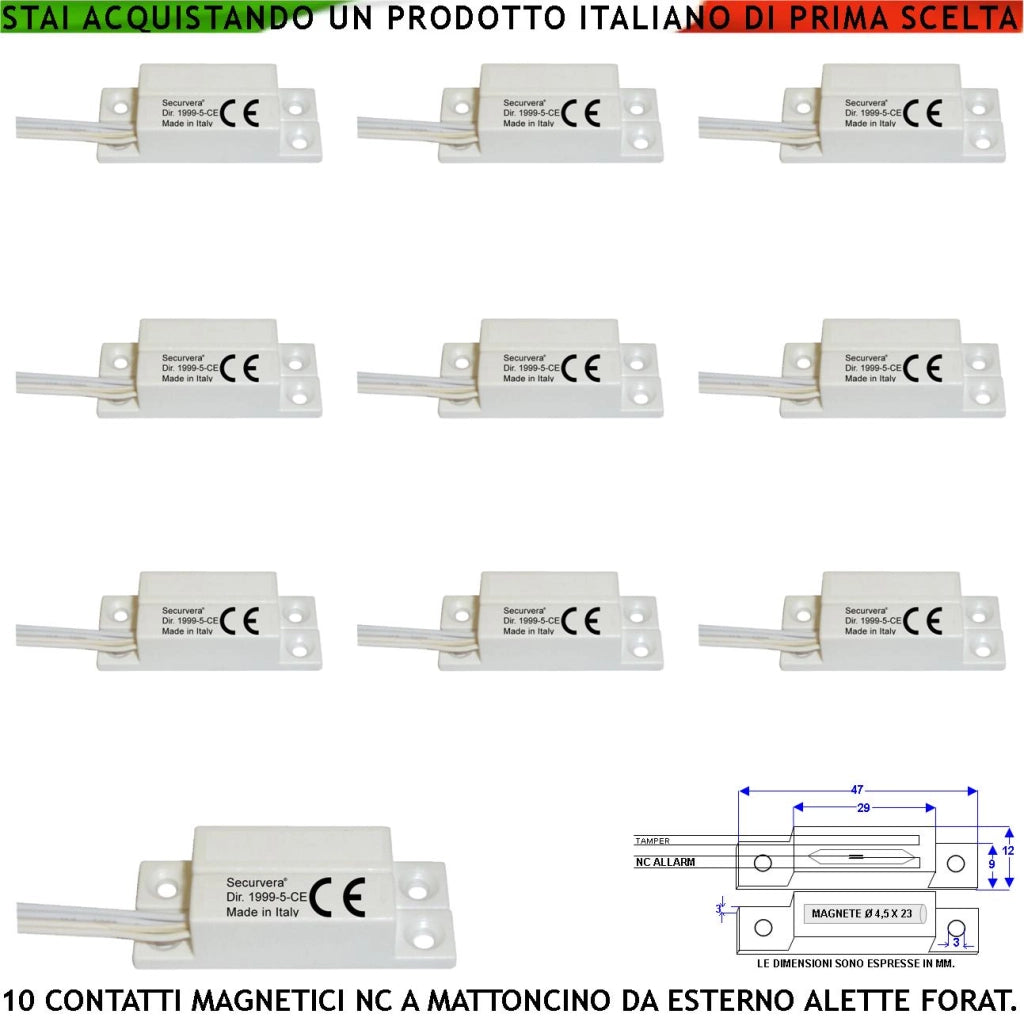 Sensori Magnetici Esterno 10 Pezzi Sensibilità Magnetica 13 mm Contatto Reed NC Sottovuoto Tensione Max 30 V 0,5 A Carico Resistivo 4 Fili 2 NC e 2 Tamper Cont. Con Alette Forate di Fissaggio ABS IP6