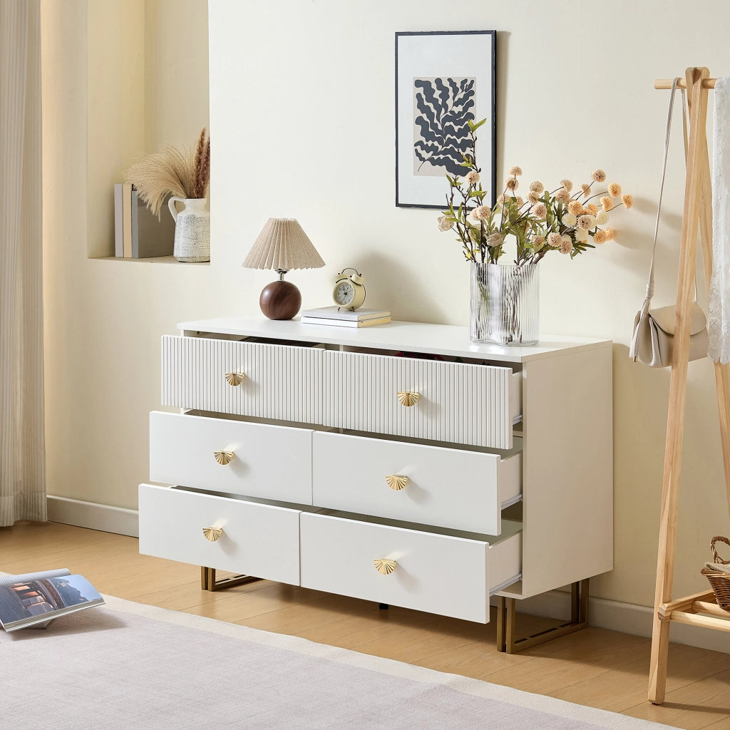 Credenza con 6 Cassetti; Maniglie in Lega di Zinco e Gambe in Acciaio; Moderna; in MDF; Bianco; 120??40??75 cm