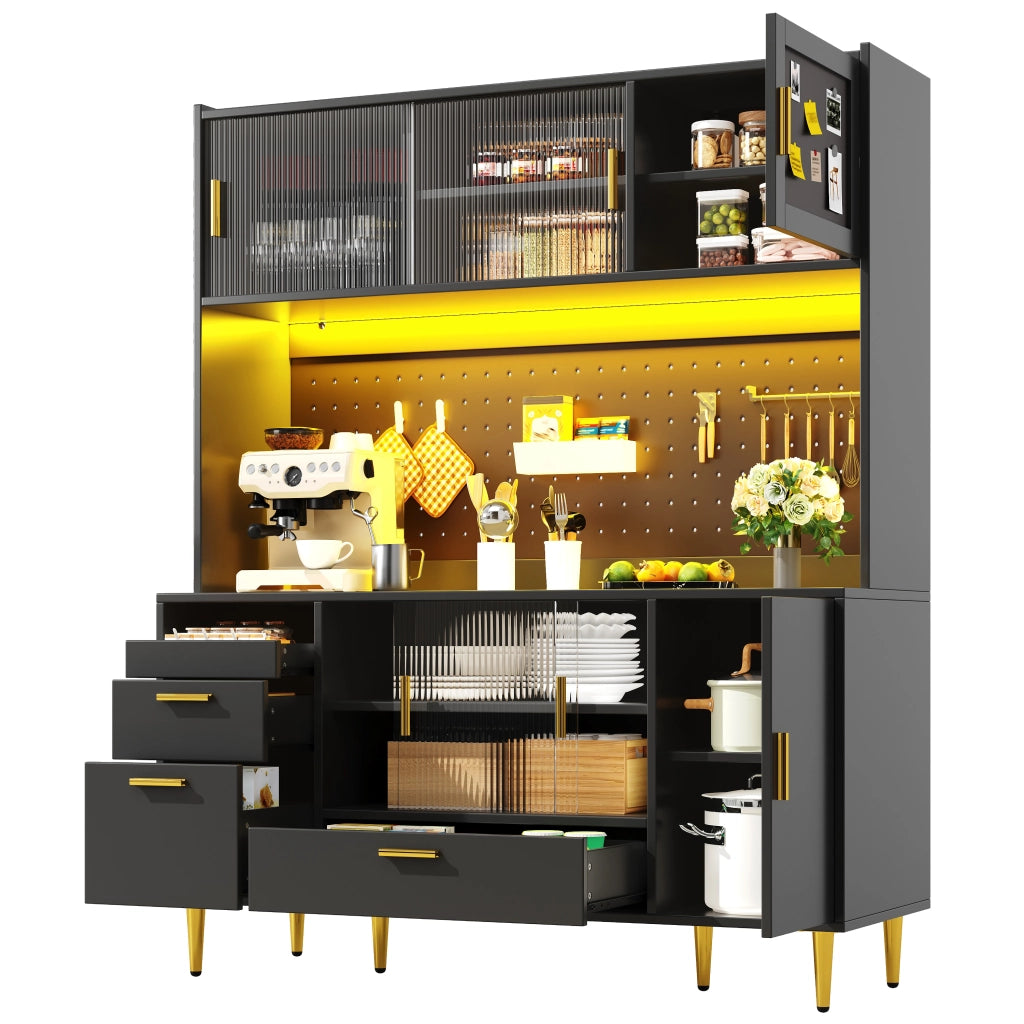 Credenza da cucina con cassetti e LED - per cucina - in MDF - 140×40×180 cm - nero